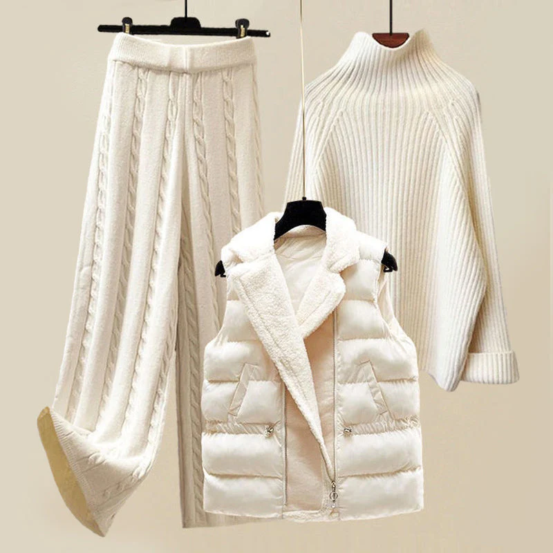 Kacob | Women's 3 Piece Knit Set – Cable Knit Trousers, Roll Neck Jumper and Gilet