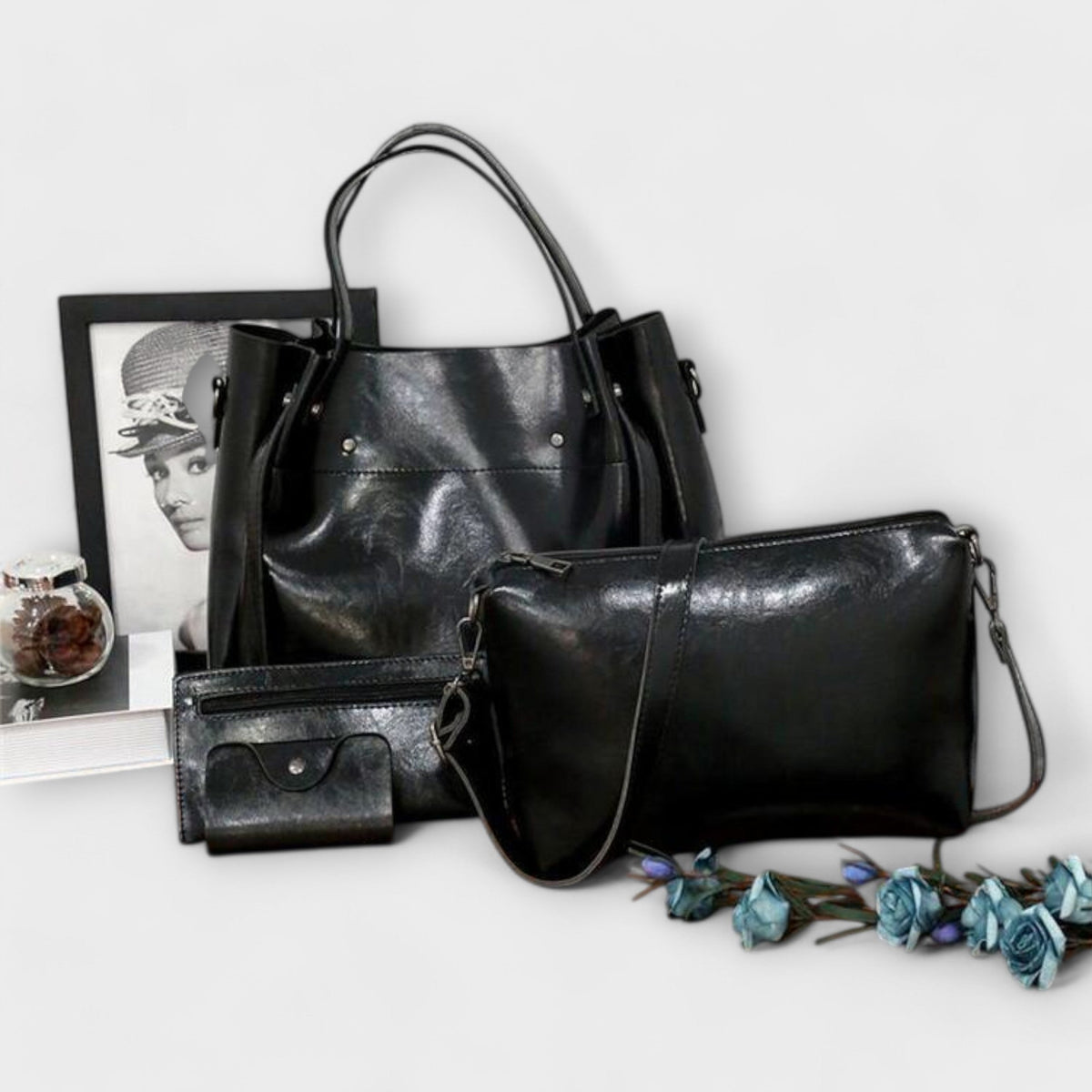Women's 4-Piece Vintage Look Bag Set – Tote, Crossbody, Clutch and Card Holder
