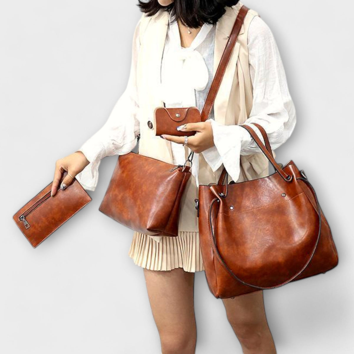Women's 4-Piece Vintage Look Bag Set – Tote, Crossbody, Clutch and Card Holder