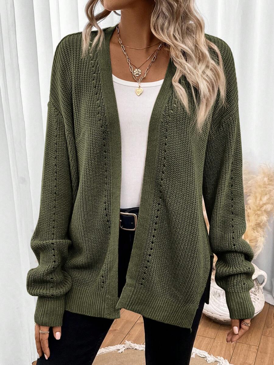 Women's Army Green Drop Shoulder Pointelle Knit Cardigan – Open Front Split Hem Layer