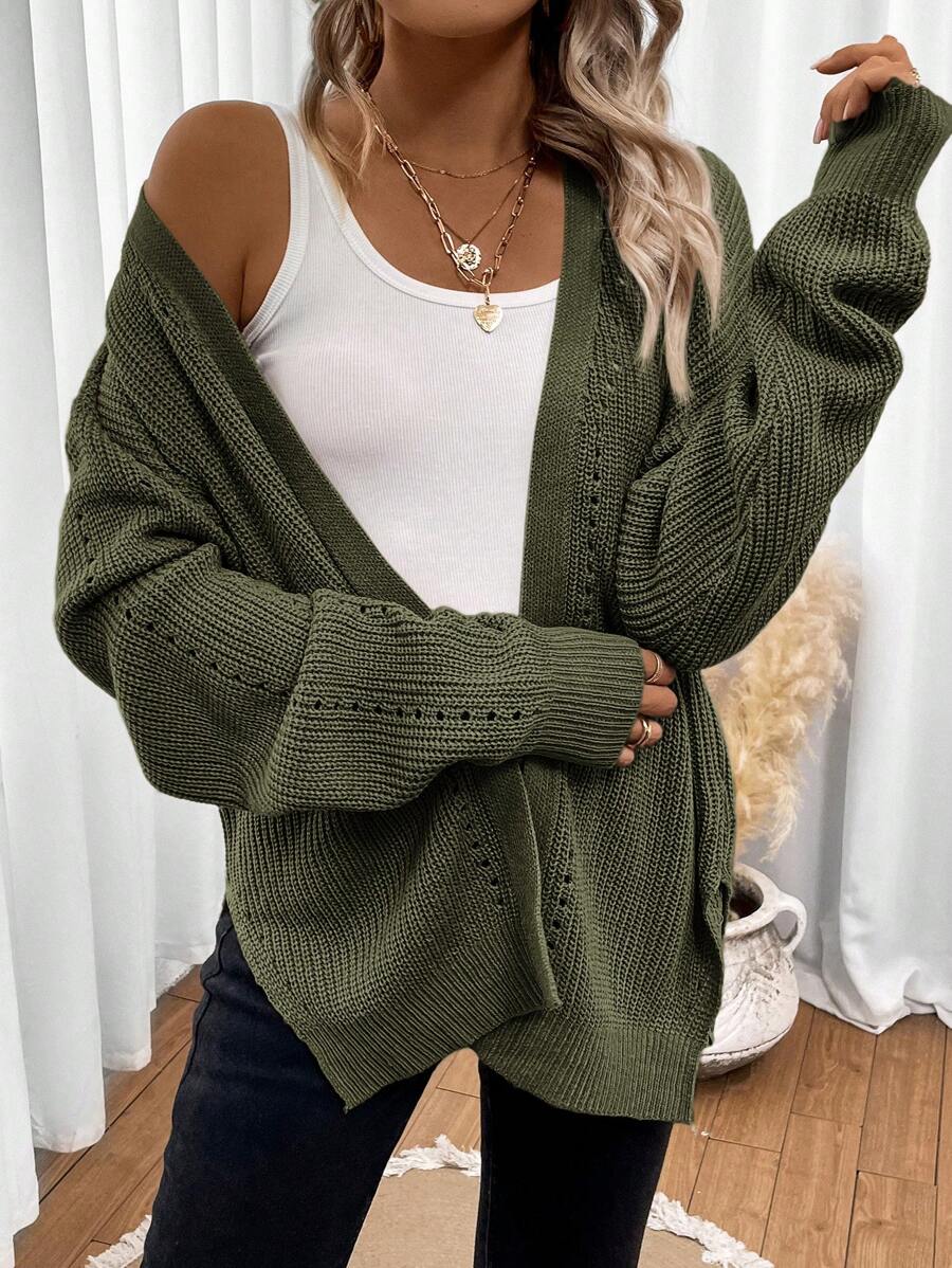 Women's Army Green Drop Shoulder Pointelle Knit Cardigan – Open Front Split Hem Layer