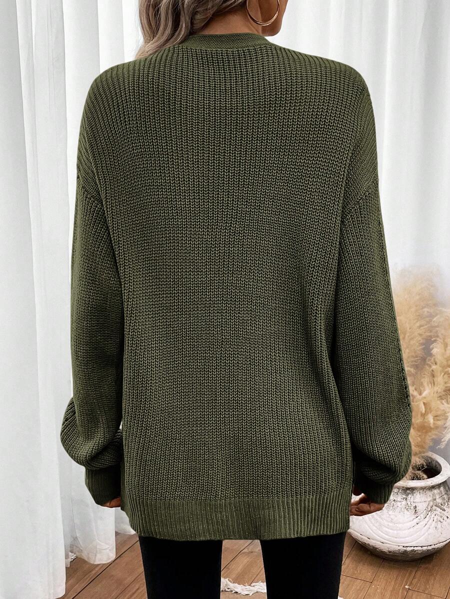 Women's Army Green Drop Shoulder Pointelle Knit Cardigan – Open Front Split Hem Layer