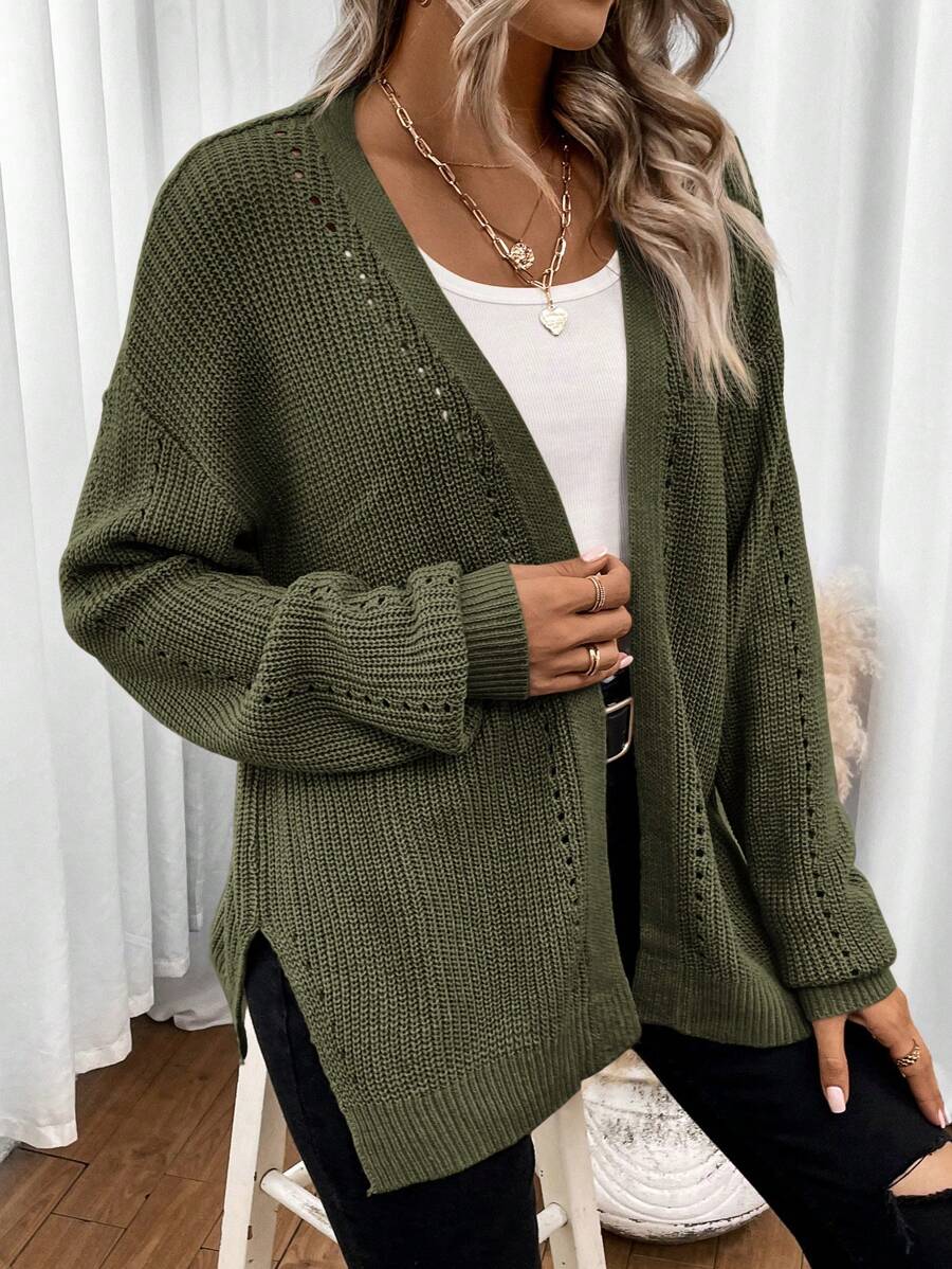 Women's Army Green Drop Shoulder Pointelle Knit Cardigan – Open Front Split Hem Layer