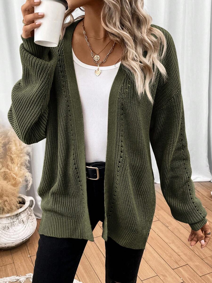 Women's Army Green Drop Shoulder Pointelle Knit Cardigan – Open Front Split Hem Layer