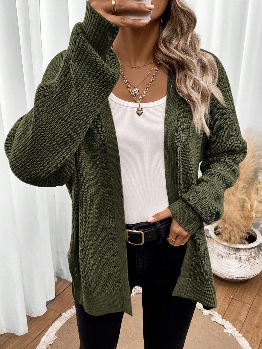 Women's Army Green Drop Shoulder Pointelle Knit Cardigan – Open Front Split Hem Layer