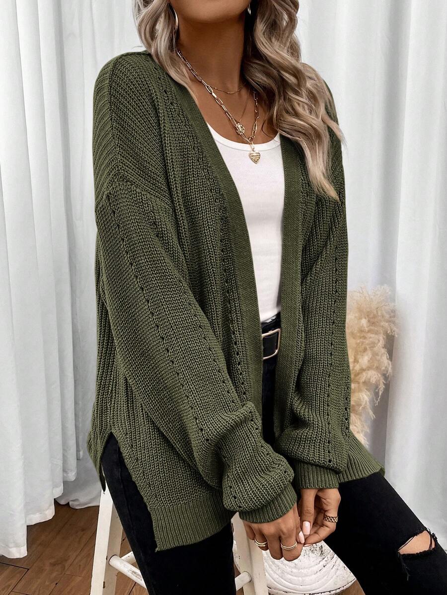 Women's Army Green Drop Shoulder Pointelle Knit Cardigan – Open Front Split Hem Layer