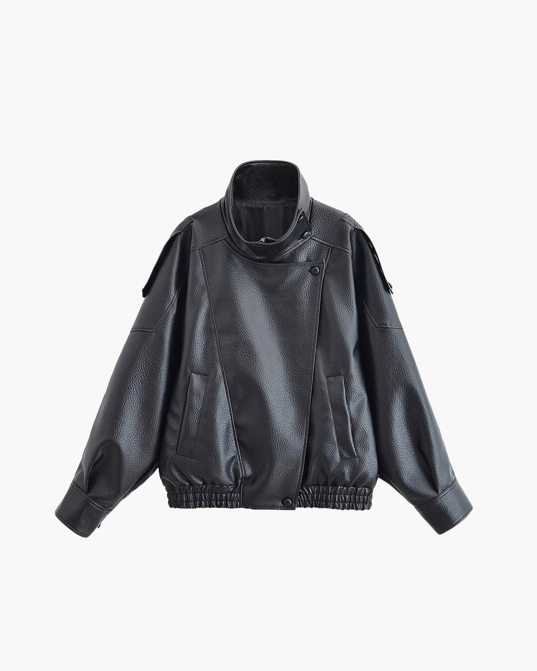 Women's Asymmetric Faux Leather Jacket – Oversized Stand Collar Biker Bomber