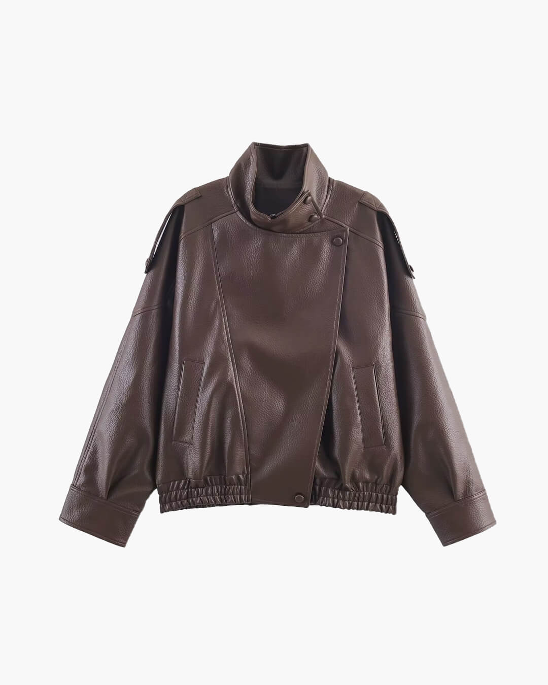 Women's Asymmetric Faux Leather Jacket – Oversized Stand Collar Biker Bomber