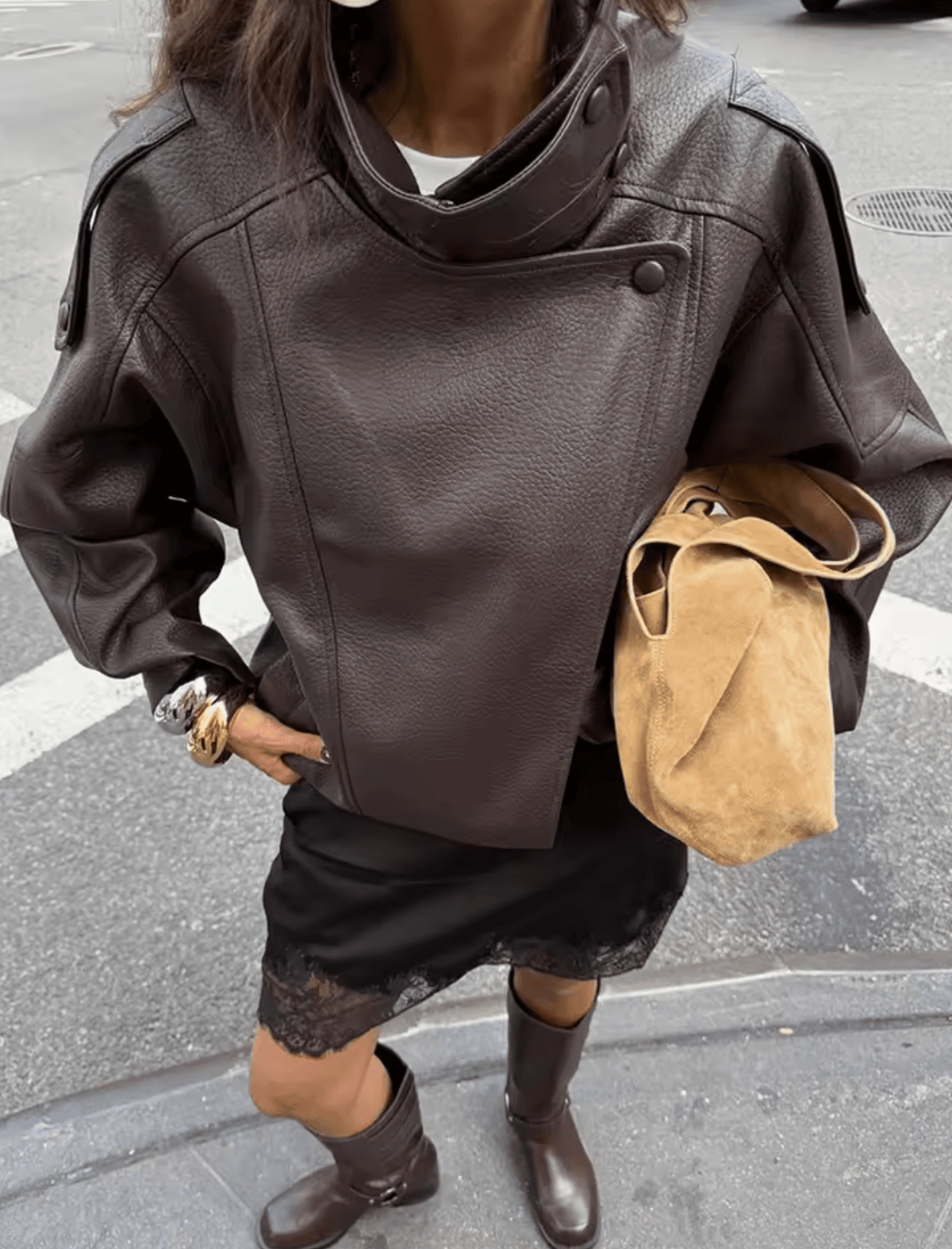 Women's Asymmetric Faux Leather Jacket – Oversized Stand Collar Biker Bomber