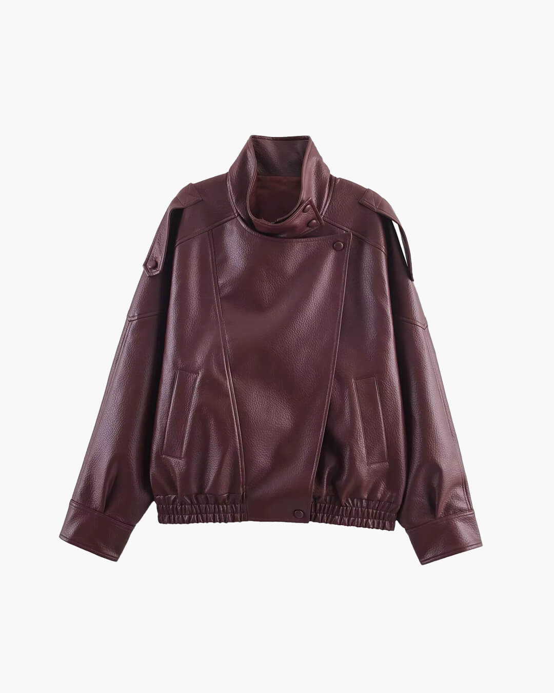 Women's Asymmetric Faux Leather Jacket – Oversized Stand Collar Biker Bomber