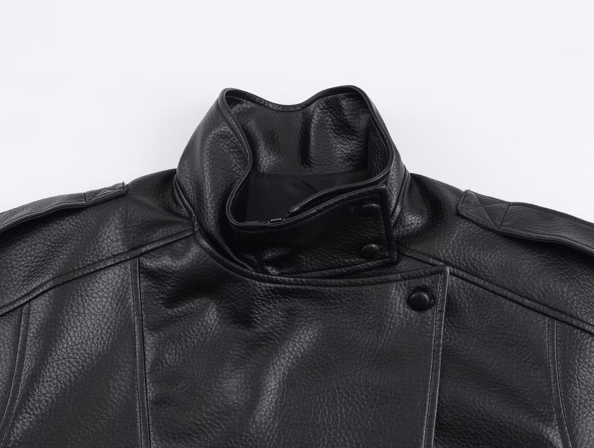 Women's Asymmetric Faux Leather Jacket – Oversized Stand Collar Biker Bomber