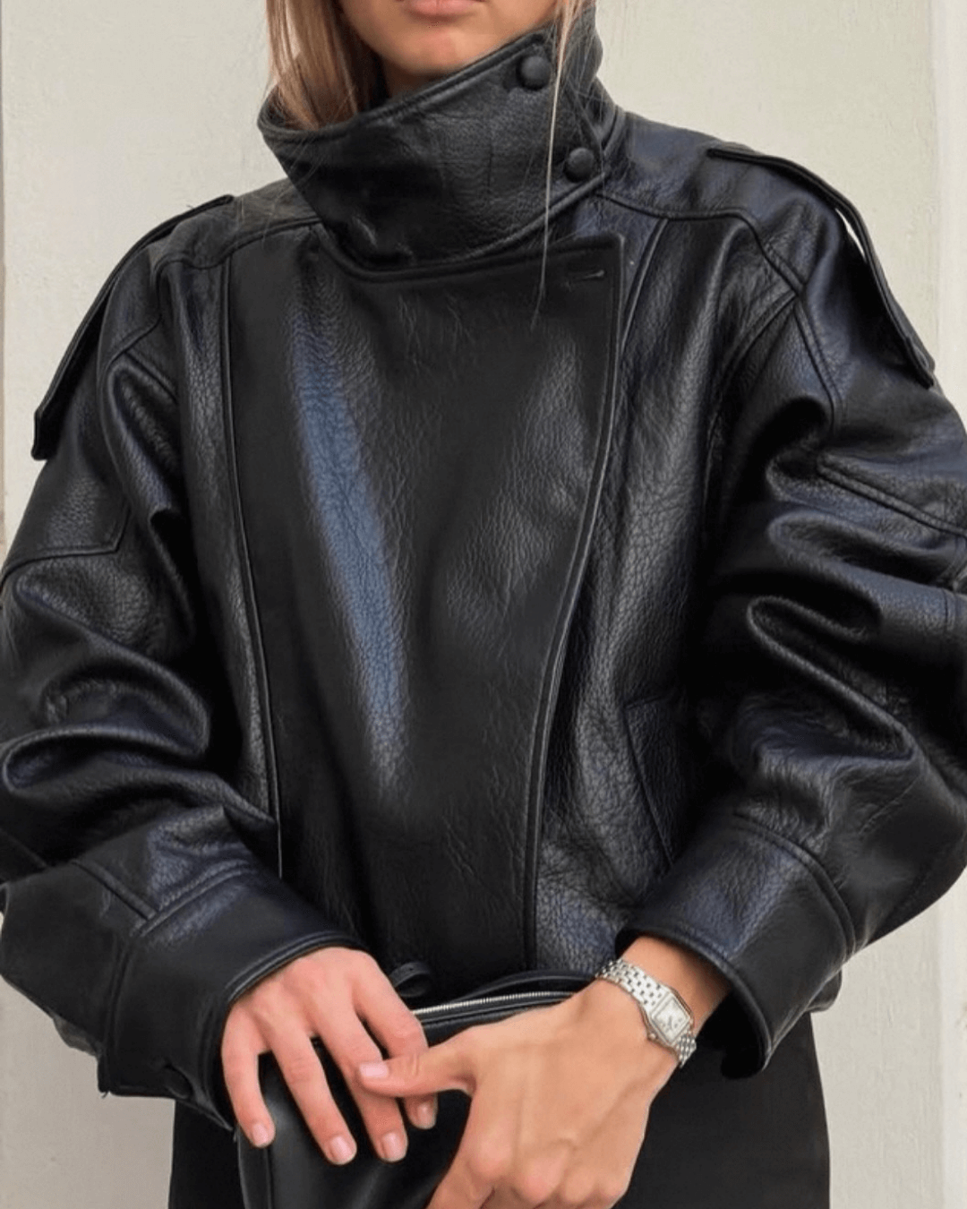Women's Asymmetric Faux Leather Jacket – Oversized Stand Collar Biker Bomber