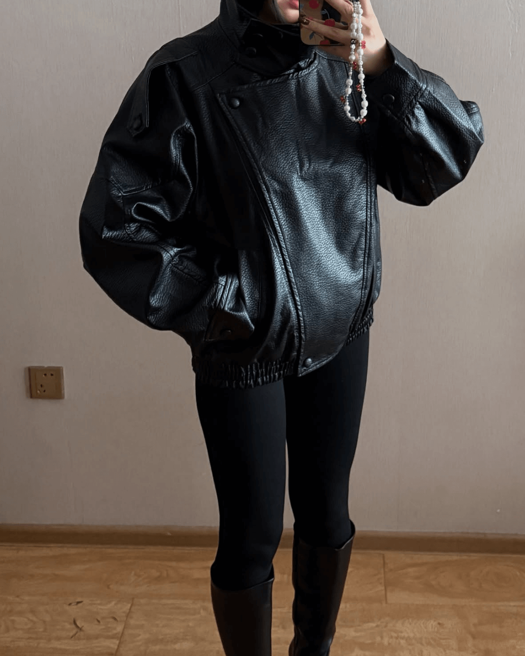Women's Asymmetric Faux Leather Jacket – Oversized Stand Collar Biker Bomber