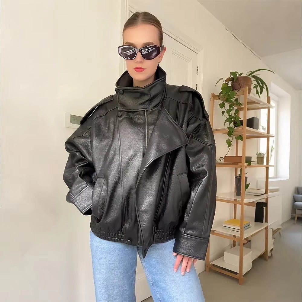 Women's Asymmetric Faux Leather Jacket – Oversized Stand Collar Biker Bomber
