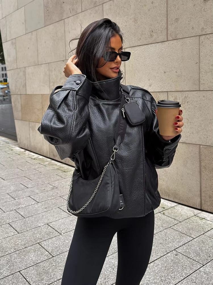 Women's Asymmetric Faux Leather Jacket – Oversized Stand Collar Biker Bomber