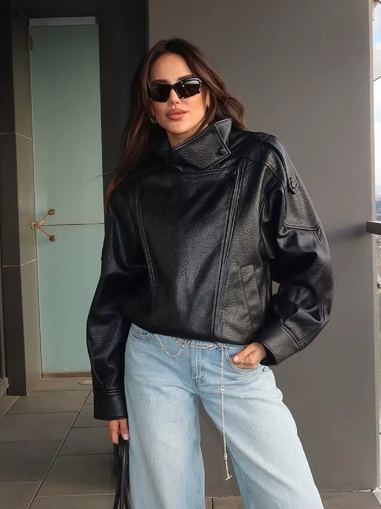 Women's Asymmetric Faux Leather Jacket – Oversized Stand Collar Biker Bomber