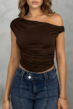 Women's Asymmetric One Shoulder Ruched Top – Stretch Fit Sleeveless Top