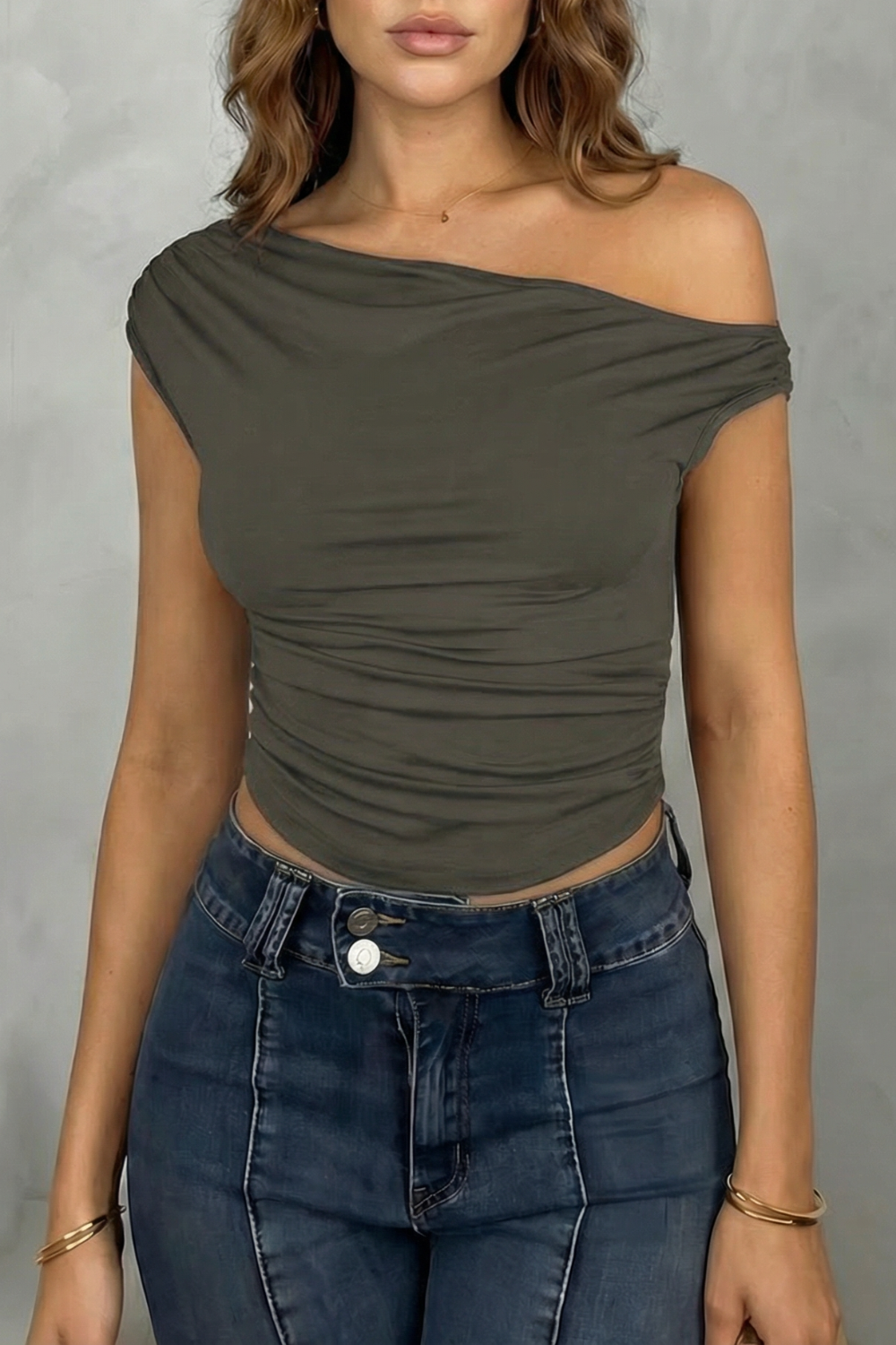 Women's Asymmetric One Shoulder Ruched Top – Stretch Fit Sleeveless Top