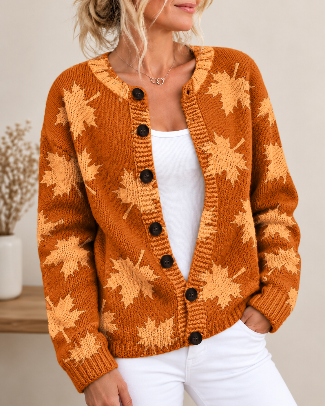 Kacob | Women's Autumn Leaf Pattern Knitted Cardigan – Relaxed Seasonal Knit