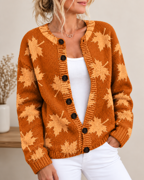 Kacob | Women's Autumn Leaf Pattern Knitted Cardigan – Relaxed Seasonal Knit