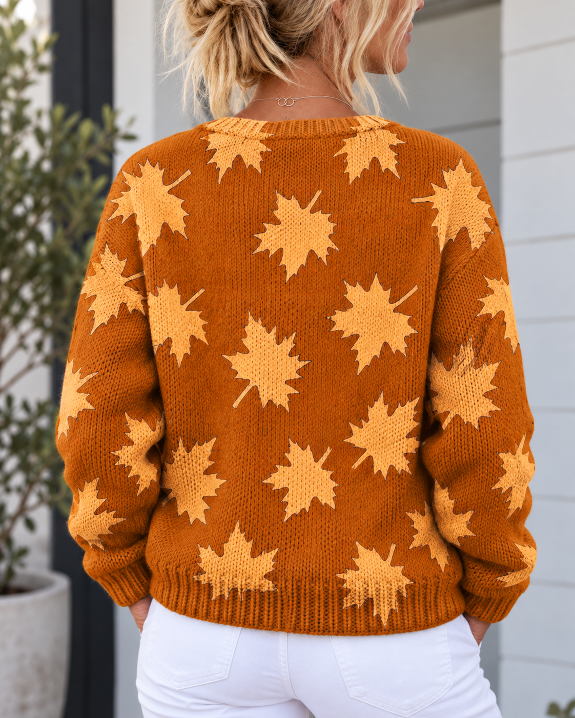Kacob | Women's Autumn Leaf Pattern Knitted Cardigan – Relaxed Seasonal Knit