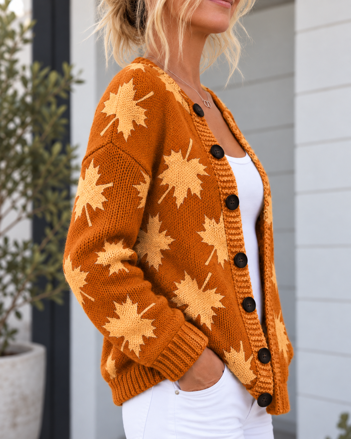 Kacob | Women's Autumn Leaf Pattern Knitted Cardigan – Relaxed Seasonal Knit