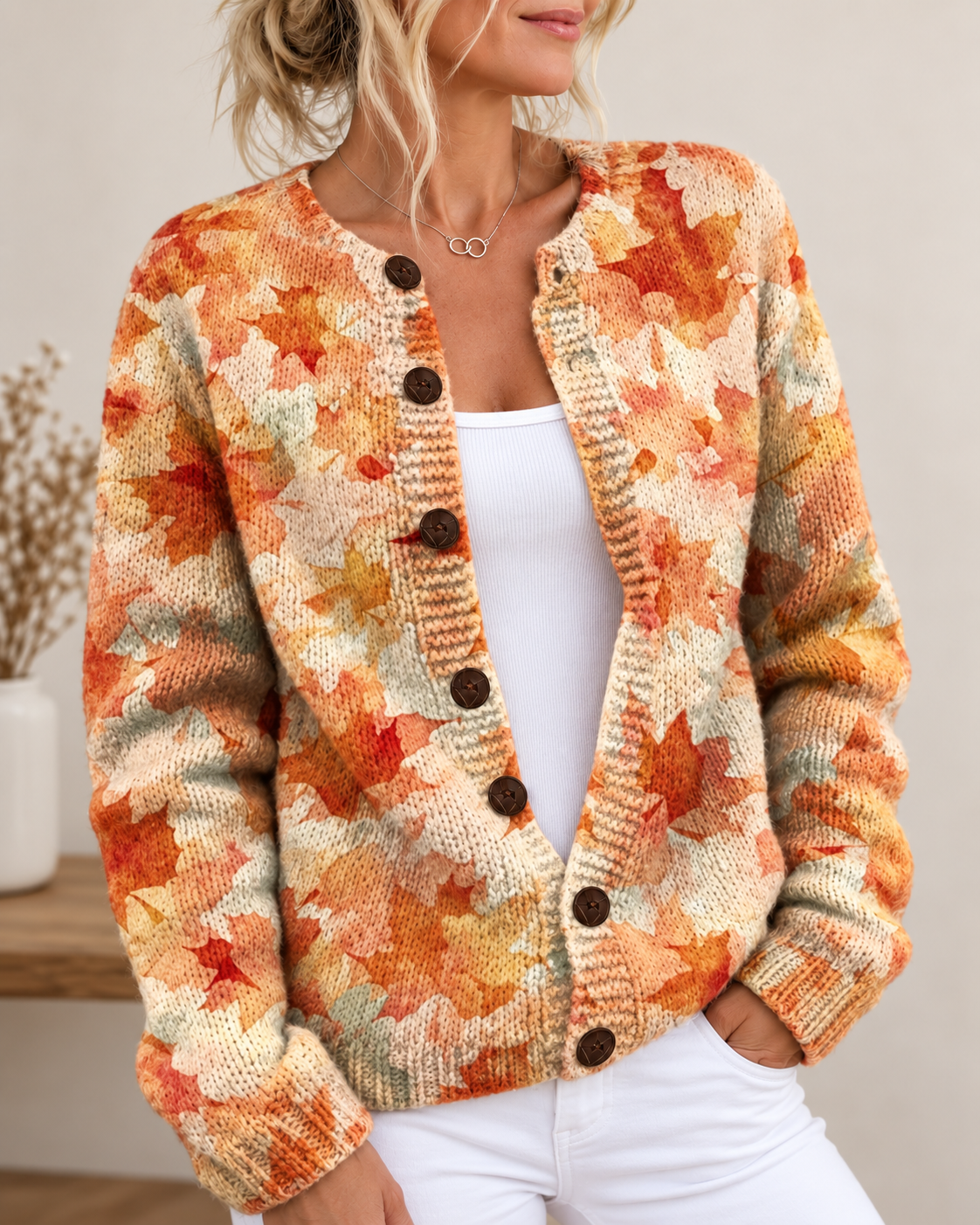 Kacob | Women's Autumn Leaves Knitted Cardigan – Buttoned Seasonal Knit Cardigan