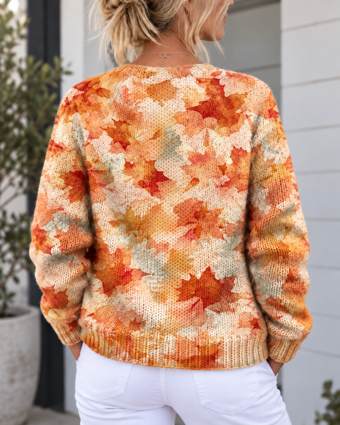 Kacob | Women's Autumn Leaves Knitted Cardigan – Buttoned Seasonal Knit Cardigan