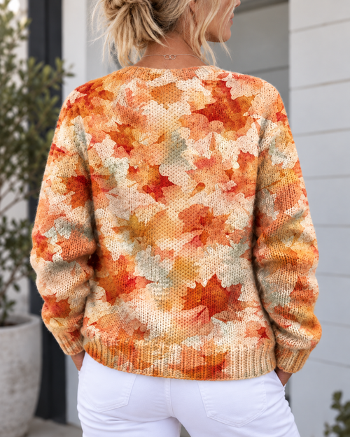 Kacob | Women's Autumn Leaves Knitted Cardigan – Buttoned Seasonal Knit Cardigan