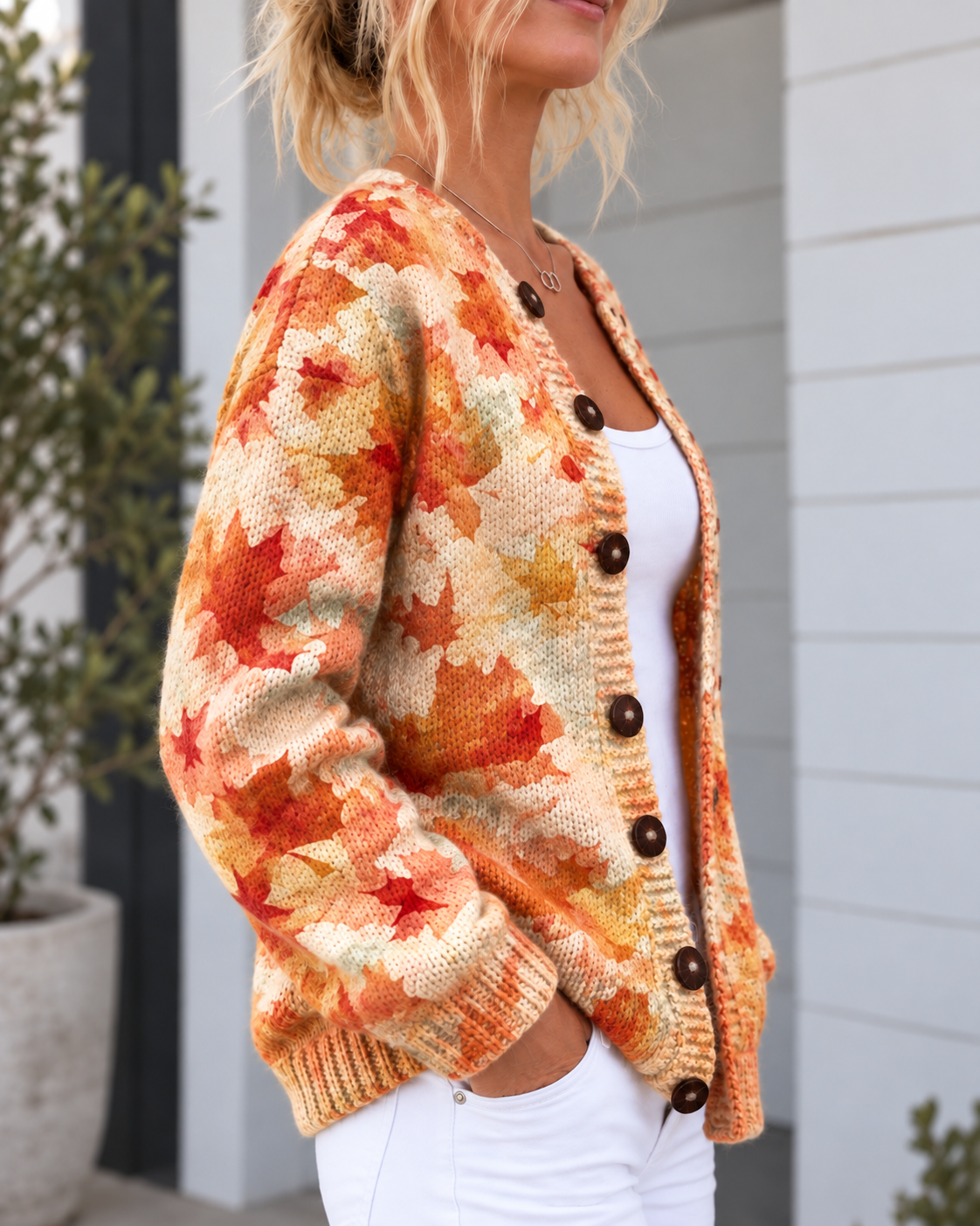 Kacob | Women's Autumn Leaves Knitted Cardigan – Buttoned Seasonal Knit Cardigan