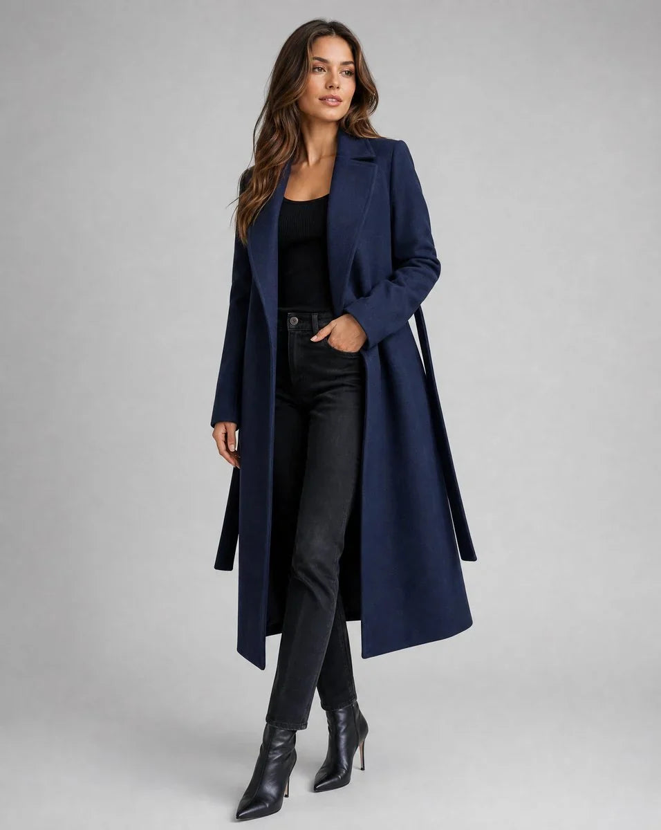 Kacob | Women's Belted Long Coat – Notch Lapel Maxi Trench Coat