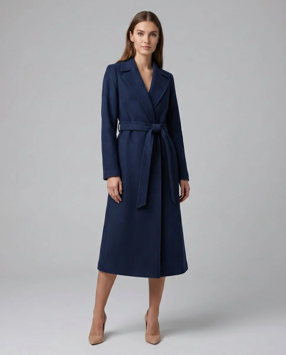 Kacob | Women's Belted Long Coat – Notch Lapel Maxi Trench Coat
