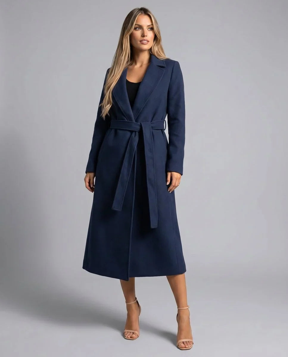Kacob | Women's Belted Long Coat – Notch Lapel Maxi Trench Coat