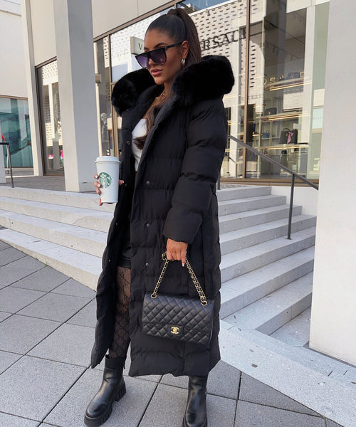 Kacob | Women's Belted Long Puffer Coat – Faux Fur Hood Maxi Winter Coat