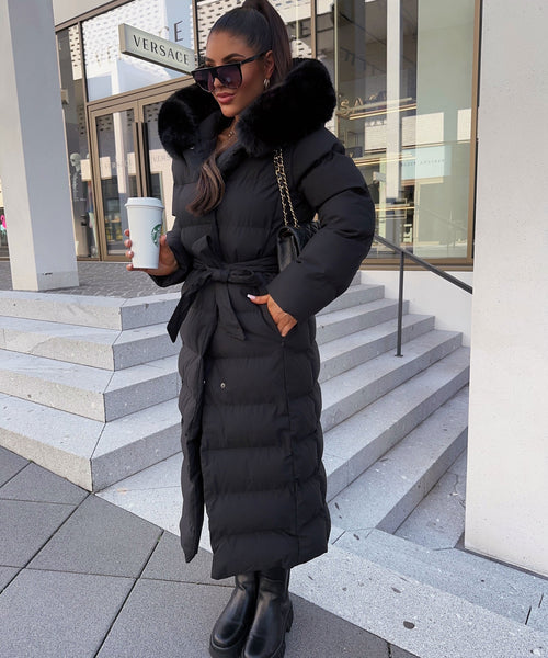 Kacob | Women's Belted Long Puffer Coat – Faux Fur Hood Maxi Winter Coat