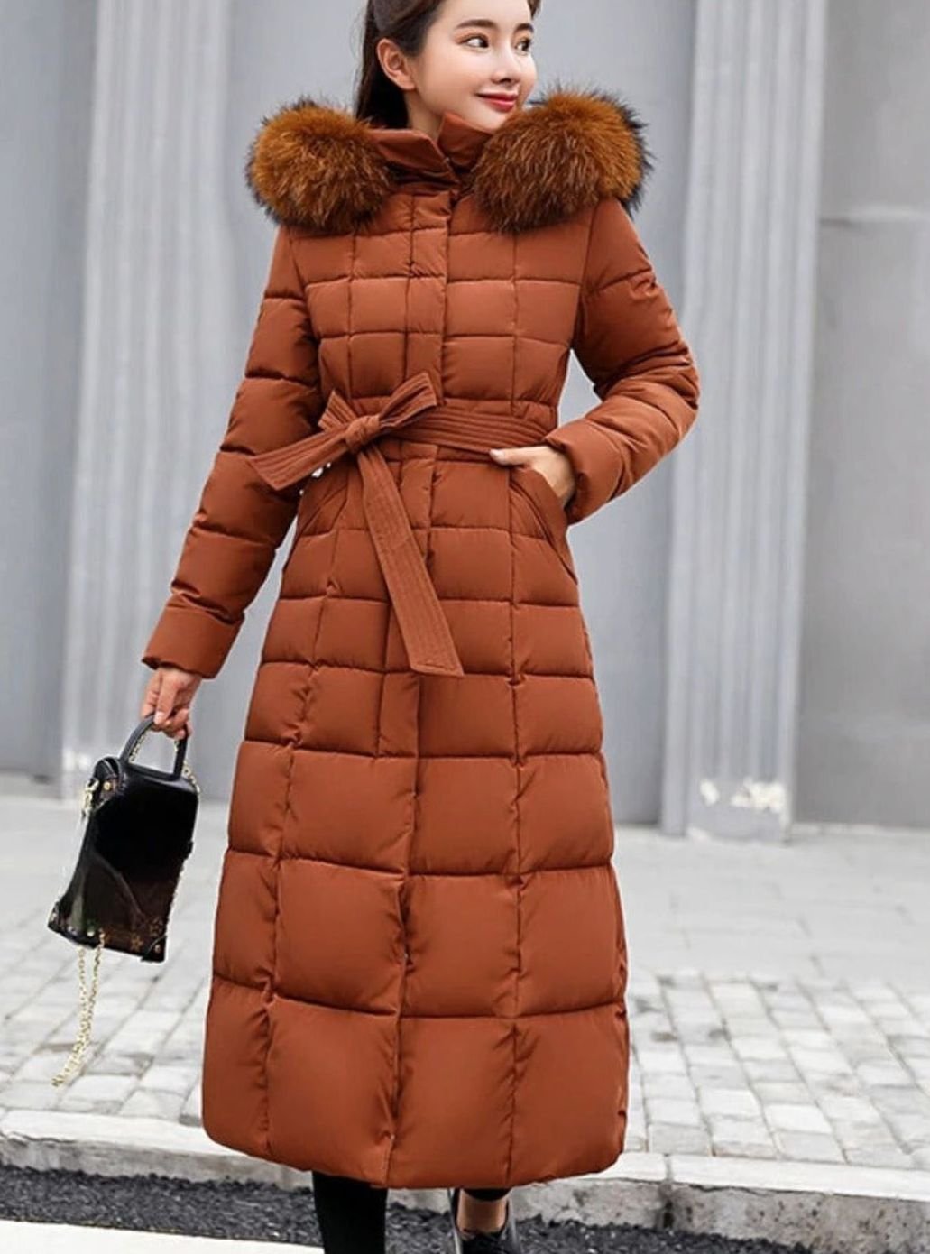 Kacob | Women's Belted Long Puffer Coat – Hooded Faux Fur Maxi Coat