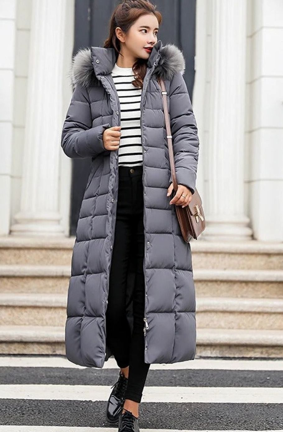 Kacob | Women's Belted Long Puffer Coat – Hooded Faux Fur Maxi Coat