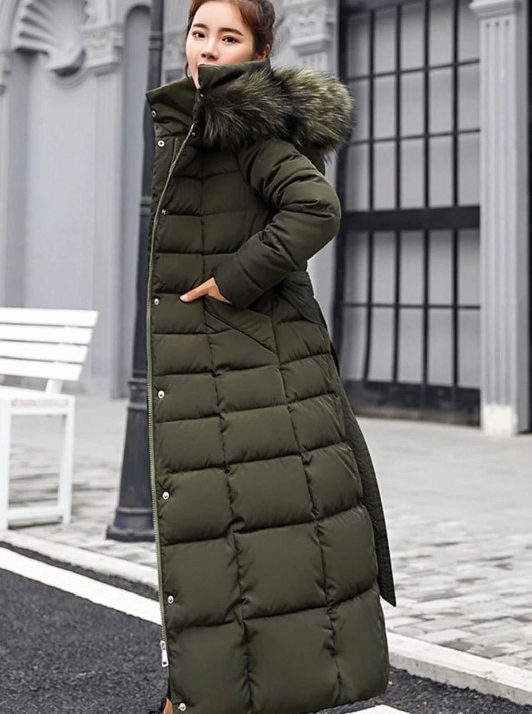 Kacob | Women's Belted Long Puffer Coat – Hooded Faux Fur Maxi Coat