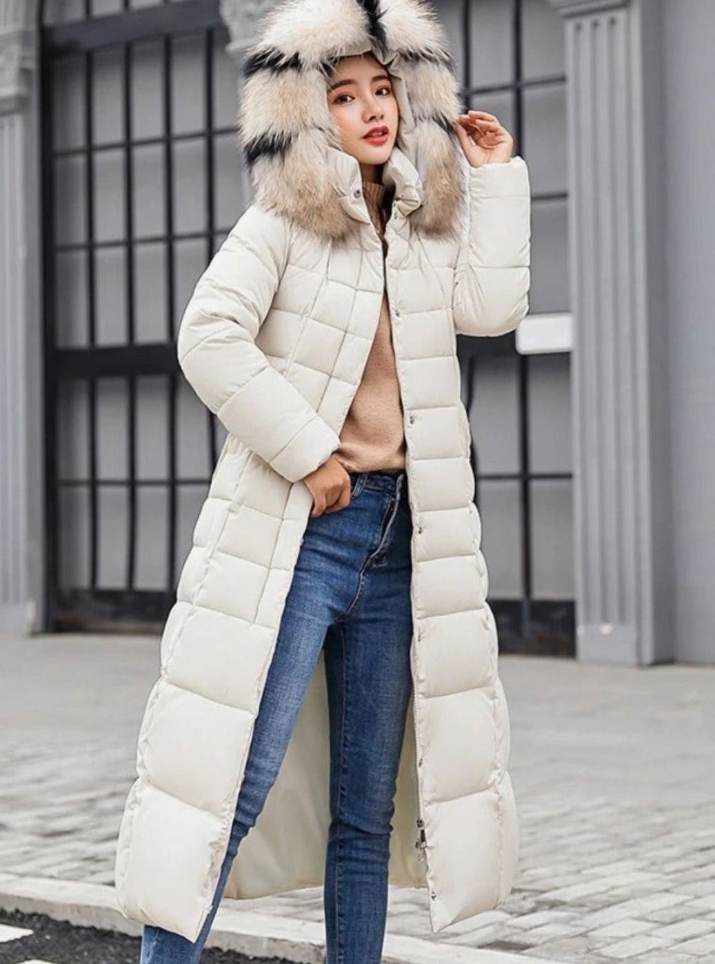 Kacob | Women's Belted Long Puffer Coat – Hooded Faux Fur Maxi Coat