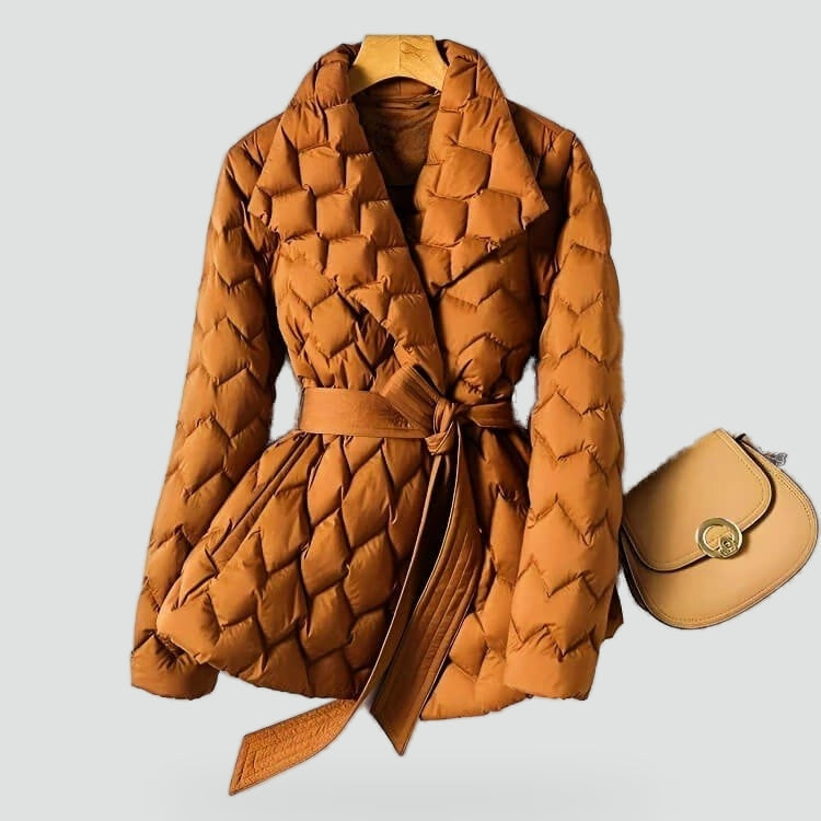 Kacob | Women's Belted Quilted Jacket – Lapel Collar Padded Jacket