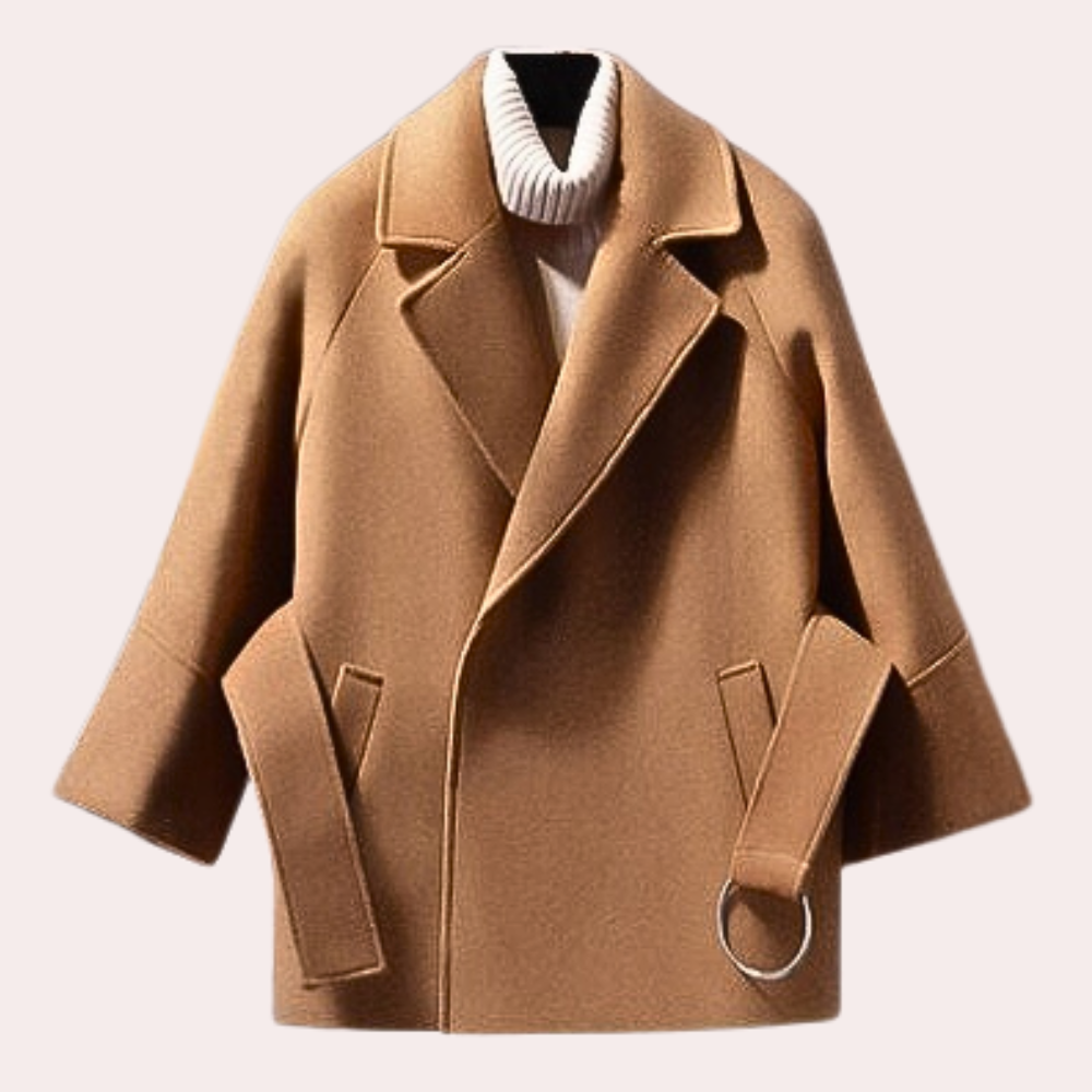 Kacob | Women's Belted Short Trench – Wide Collar Cropped Sleeve Coat
