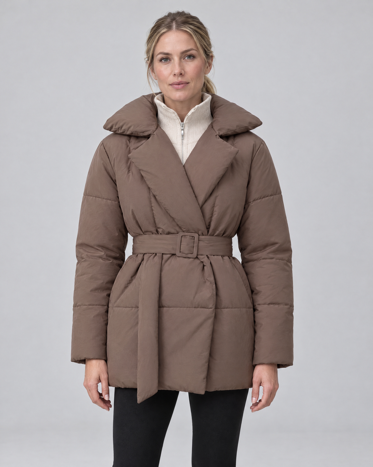 Kacob | Women's Belted Wrap Puffer Jacket – Wide Collar Padded Winter Jacket