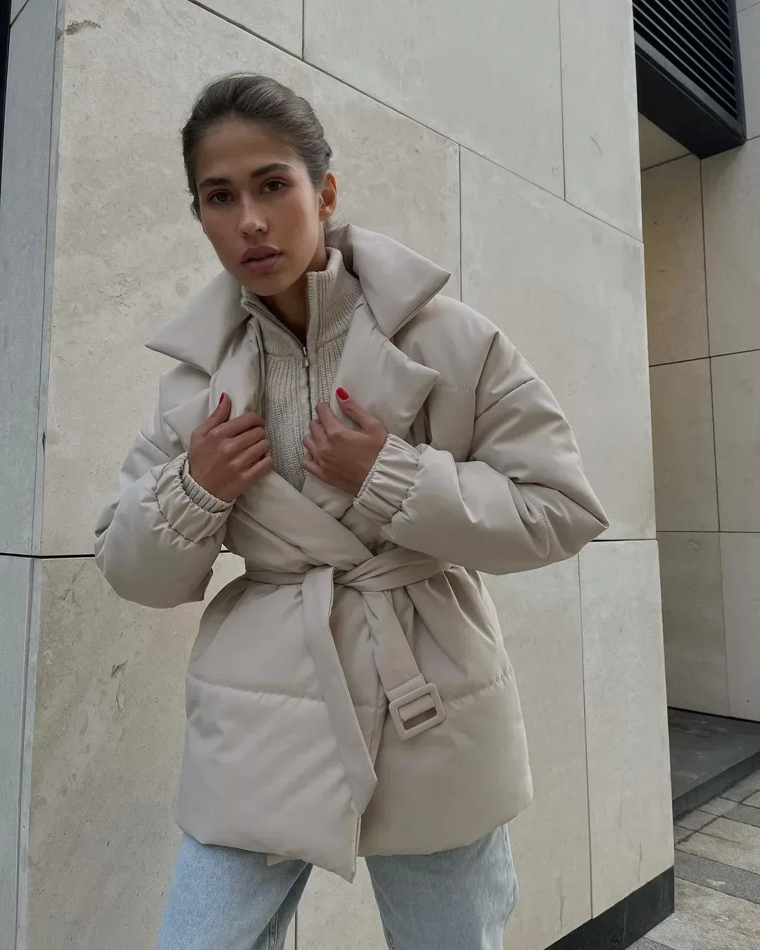 Kacob | Women's Belted Wrap Puffer Jacket – Wide Collar Padded Winter Jacket