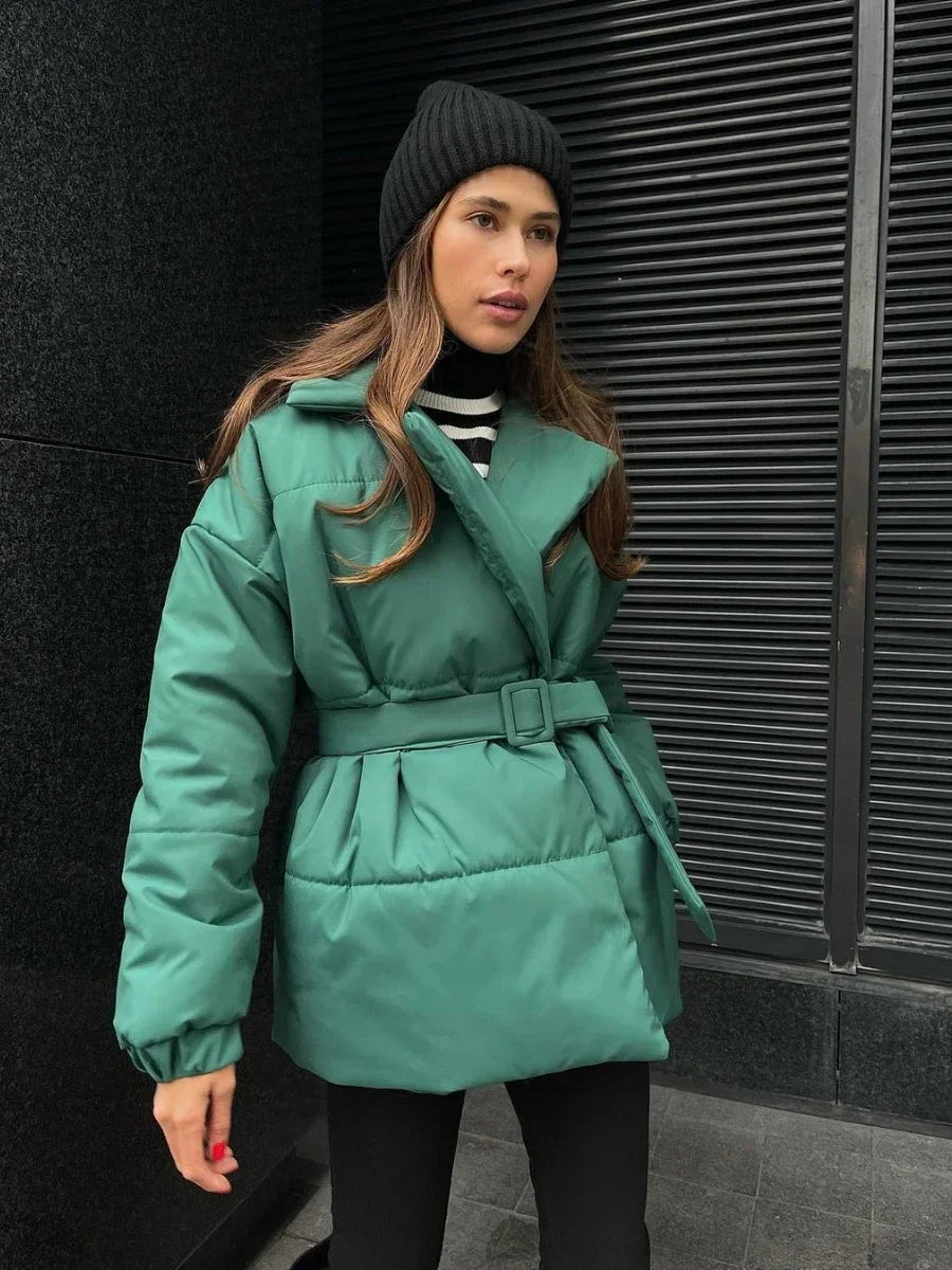 Kacob | Women's Belted Wrap Puffer Jacket – Wide Collar Padded Winter Jacket