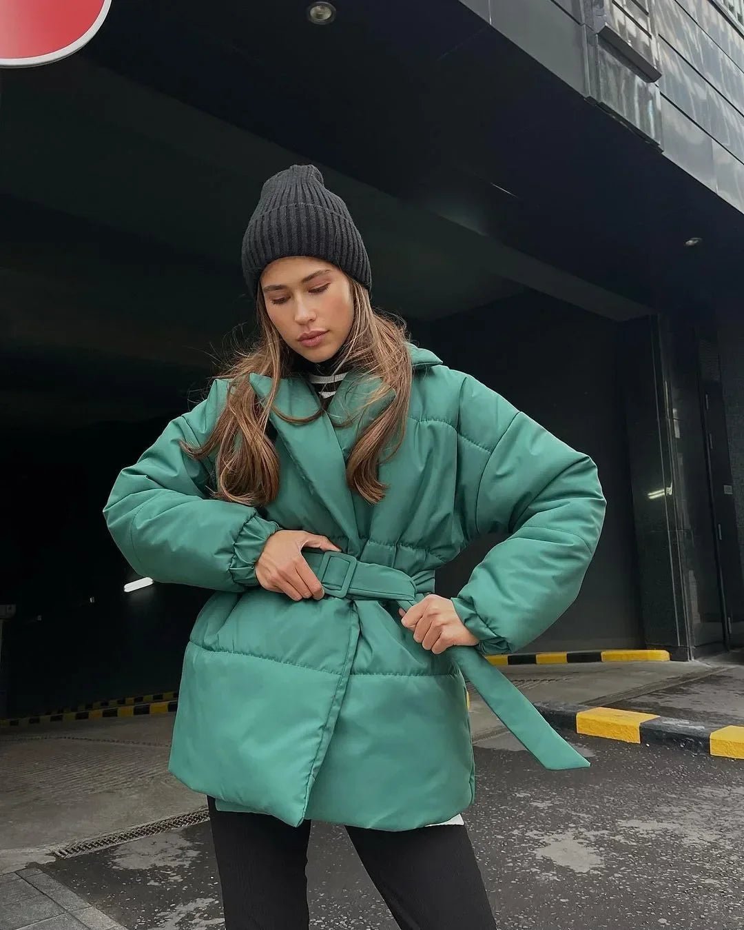 Kacob | Women's Belted Wrap Puffer Jacket – Wide Collar Padded Winter Jacket