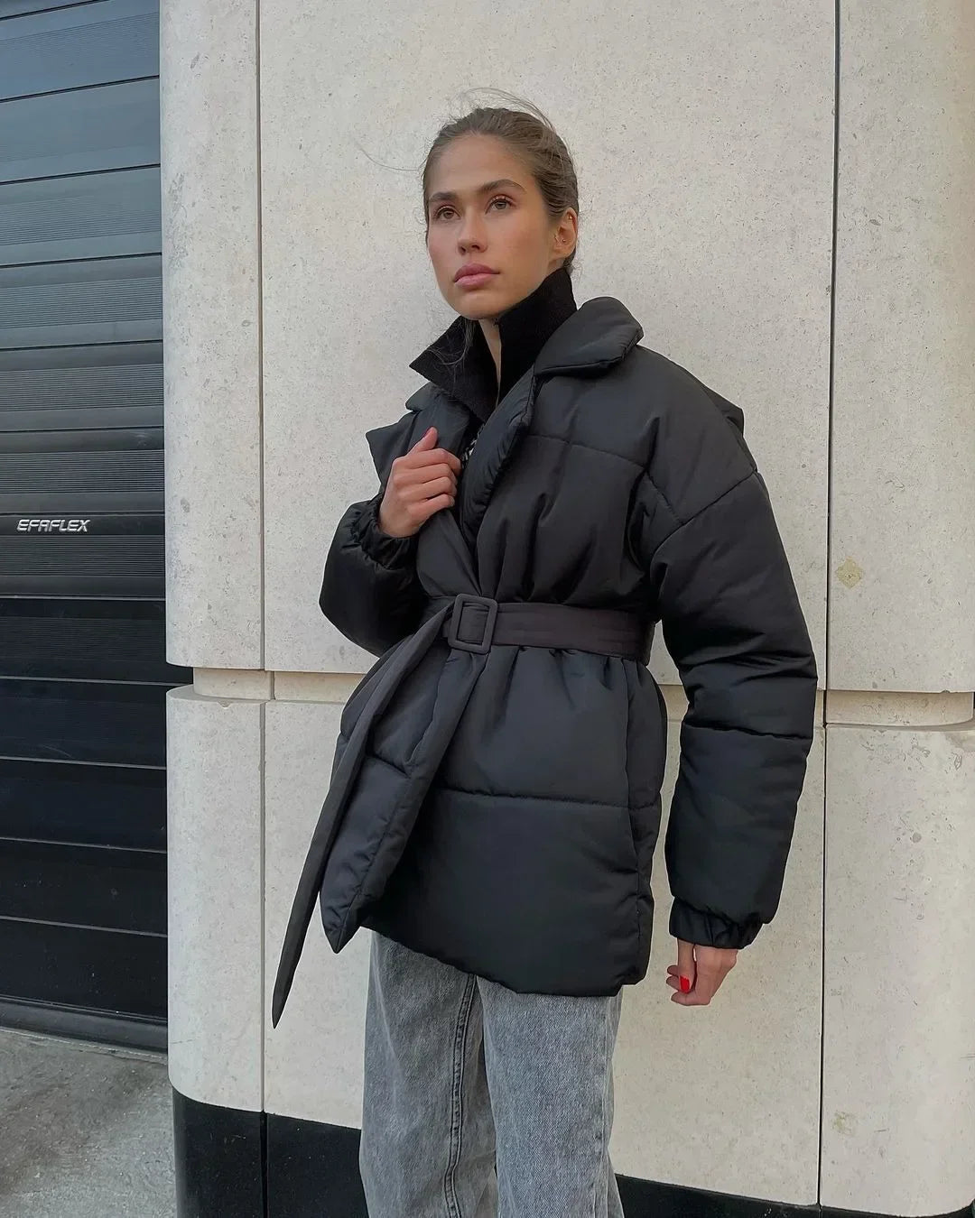 Kacob | Women's Belted Wrap Puffer Jacket – Wide Collar Padded Winter Jacket