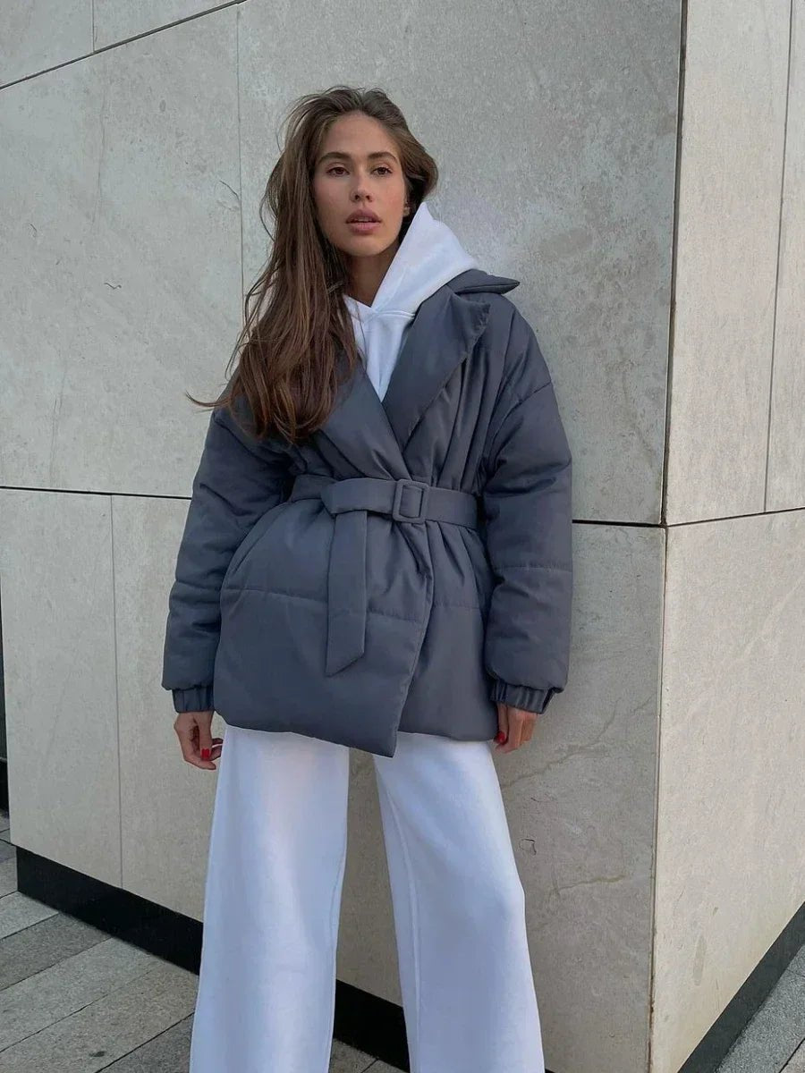 Kacob | Women's Belted Wrap Puffer Jacket – Wide Collar Padded Winter Jacket