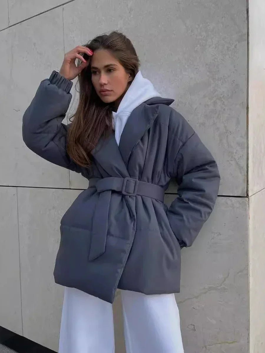 Kacob | Women's Belted Wrap Puffer Jacket – Wide Collar Padded Winter Jacket