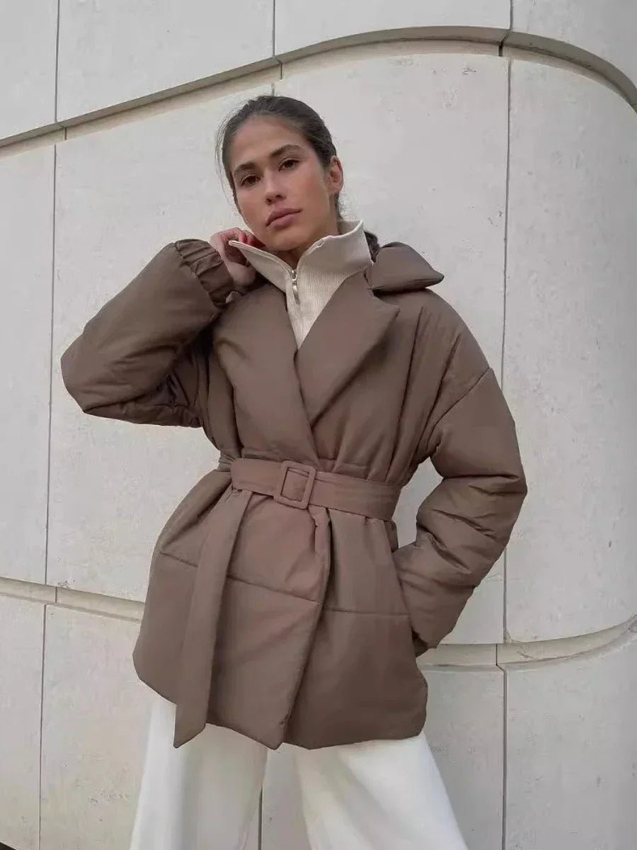Kacob | Women's Belted Wrap Puffer Jacket – Wide Collar Padded Winter Jacket
