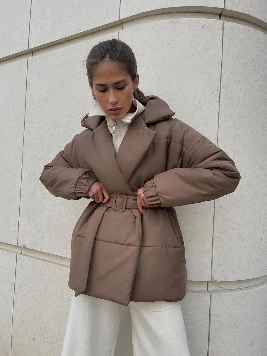 Kacob | Women's Belted Wrap Puffer Jacket – Wide Collar Padded Winter Jacket